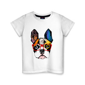 Детская футболка хлопок с принтом Лоскутный мопс в Санкт-Петербурге, 100% хлопок | круглый вырез горловины, полуприлегающий силуэт, длина до линии бедер | Тематика изображения на принте: бульдог | домашние животные | пес | песик | собака | собачка | французский бульдог