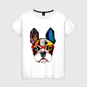 Женская футболка хлопок с принтом Лоскутный мопс в Санкт-Петербурге, 100% хлопок | прямой крой, круглый вырез горловины, длина до линии бедер, слегка спущенное плечо | бульдог | домашние животные | пес | песик | собака | собачка | французский бульдог