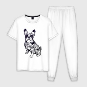 Мужская пижама хлопок с принтом Суровый бульдог в Санкт-Петербурге, 100% хлопок | брюки и футболка прямого кроя, без карманов, на брюках мягкая резинка на поясе и по низу штанин
 | бульдог | домашние животные | пес | песик | собака | собачка | французский бульдог