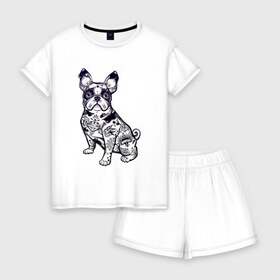 Женская пижама с шортиками хлопок с принтом Суровый бульдог в Санкт-Петербурге, 100% хлопок | футболка прямого кроя, шорты свободные с широкой мягкой резинкой | бульдог | домашние животные | пес | песик | собака | собачка | французский бульдог