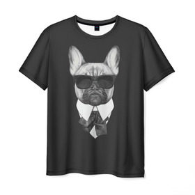 Мужская футболка 3D с принтом Бульдог в черном в Санкт-Петербурге, 100% полиэфир | прямой крой, круглый вырез горловины, длина до линии бедер | бульдог | домашние животные | пес | песик | собака | собачка | французский бульдог