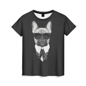 Женская футболка 3D с принтом Бульдог в черном в Санкт-Петербурге, 100% полиэфир ( синтетическое хлопкоподобное полотно) | прямой крой, круглый вырез горловины, длина до линии бедер | бульдог | домашние животные | пес | песик | собака | собачка | французский бульдог