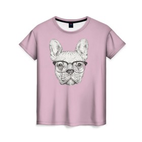 Женская футболка 3D с принтом Бульдог в очках в Санкт-Петербурге, 100% полиэфир ( синтетическое хлопкоподобное полотно) | прямой крой, круглый вырез горловины, длина до линии бедер | бульдог | домашние животные | пес | песик | собака | собачка | французский бульдог
