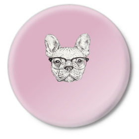 Значок с принтом Бульдог в очках в Санкт-Петербурге,  металл | круглая форма, металлическая застежка в виде булавки | бульдог | домашние животные | пес | песик | собака | собачка | французский бульдог