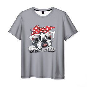 Мужская футболка 3D с принтом Бульдог в очках_2 в Санкт-Петербурге, 100% полиэфир | прямой крой, круглый вырез горловины, длина до линии бедер | бульдог | домашние животные | пес | песик | собака | собачка | французский бульдог