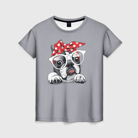 Женская футболка 3D с принтом Бульдог в очках_2 в Санкт-Петербурге, 100% полиэфир ( синтетическое хлопкоподобное полотно) | прямой крой, круглый вырез горловины, длина до линии бедер | бульдог | домашние животные | пес | песик | собака | собачка | французский бульдог