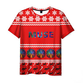 Мужская футболка 3D с принтом Праздничный Muse в Санкт-Петербурге, 100% полиэфир | прямой крой, круглый вырез горловины, длина до линии бедер | muse | альтернативный | группа | доминик ховард | знак | красный | крис уолстенхолм | мо | моус | моусе | муза | музе | мусе | мэттью беллами | надпись | новогодний | новый год | праздник | прогрессивный