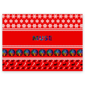 Поздравительная открытка с принтом Праздничный Muse в Санкт-Петербурге, 100% бумага | плотность бумаги 280 г/м2, матовая, на обратной стороне линовка и место для марки
 | muse | альтернативный | группа | доминик ховард | знак | красный | крис уолстенхолм | мо | моус | моусе | муза | музе | мусе | мэттью беллами | надпись | новогодний | новый год | праздник | прогрессивный