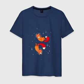Мужская футболка хлопок с принтом Лисы в космосе в Санкт-Петербурге, 100% хлопок | прямой крой, круглый вырез горловины, длина до линии бедер, слегка спущенное плечо. | космос | лиса | новый год