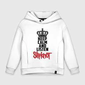 Детское худи Oversize хлопок с принтом Keep calm and listen Slipknot в Санкт-Петербурге, френч-терри — 70% хлопок, 30% полиэстер. Мягкий теплый начес внутри —100% хлопок | боковые карманы, эластичные манжеты и нижняя кромка, капюшон на магнитной кнопке | Тематика изображения на принте: slipknot | альтернативный | грув | кори тейлор | крис фен | метал | музыка | ню | рок | слайпкнот | слипкнот | слипнот