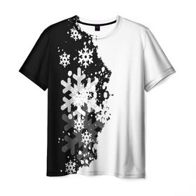 Мужская футболка 3D с принтом Снежные узоры в Санкт-Петербурге, 100% полиэфир | прямой крой, круглый вырез горловины, длина до линии бедер | black | christmas | new year | pattern | white | абстракция | зима | новый год | рождество | снег | снежинки | узор | черно белые