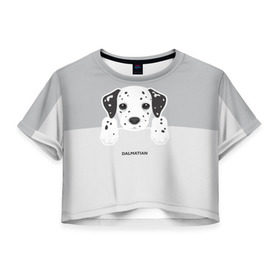 Женская футболка 3D укороченная с принтом Dalmatian Puppy в Санкт-Петербурге, 100% полиэстер | круглая горловина, длина футболки до линии талии, рукава с отворотами | далматин | далматинец | домашние животные | пес | песик | собака | собачка | терьер | шпиц