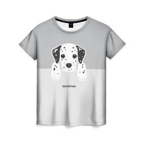 Женская футболка 3D с принтом Dalmatian Puppy в Санкт-Петербурге, 100% полиэфир ( синтетическое хлопкоподобное полотно) | прямой крой, круглый вырез горловины, длина до линии бедер | далматин | далматинец | домашние животные | пес | песик | собака | собачка | терьер | шпиц
