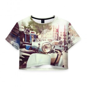 Женская футболка 3D укороченная с принтом Городской мопед в Санкт-Петербурге, 100% полиэстер | круглая горловина, длина футболки до линии талии, рукава с отворотами | мокик | мопед | скутер