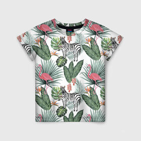 Детская футболка 3D с принтом Саванна в Санкт-Петербурге, 100% гипоаллергенный полиэфир | прямой крой, круглый вырез горловины, длина до линии бедер, чуть спущенное плечо, ткань немного тянется | африка | белый | зверь | зебра | растения | розовый | фламинго