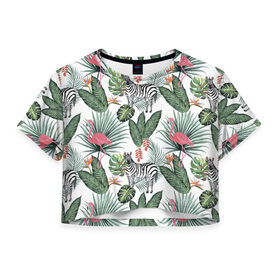 Женская футболка 3D укороченная с принтом Саванна в Санкт-Петербурге, 100% полиэстер | круглая горловина, длина футболки до линии талии, рукава с отворотами | африка | белый | зверь | зебра | растения | розовый | фламинго