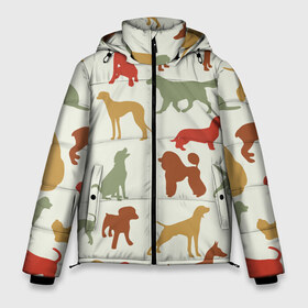 Мужская зимняя куртка 3D с принтом Силуэты собак в Санкт-Петербурге, верх — 100% полиэстер; подкладка — 100% полиэстер; утеплитель — 100% полиэстер | длина ниже бедра, свободный силуэт Оверсайз. Есть воротник-стойка, отстегивающийся капюшон и ветрозащитная планка. 

Боковые карманы с листочкой на кнопках и внутренний карман на молнии. | год собаки | новый год | пес | собака | щенок