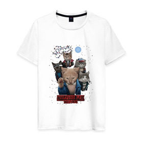 Мужская футболка хлопок с принтом Stranger Things в Санкт-Петербурге, 100% хлопок | прямой крой, круглый вырез горловины, длина до линии бедер, слегка спущенное плечо. | Тематика изображения на принте: кот | коты | очень странные дела