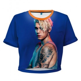 Женская футболка 3D укороченная с принтом Джастин в Санкт-Петербурге, 100% полиэстер | круглая горловина, длина футболки до линии талии, рукава с отворотами | bieber | justin bieber | бибер | джастин бибер