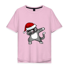 Мужская футболка хлопок Oversize с принтом DAB Cat Santa в Санкт-Петербурге, 100% хлопок | свободный крой, круглый ворот, “спинка” длиннее передней части | даб | кот | новогодний | рождество | шапка