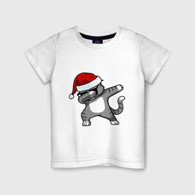Детская футболка хлопок с принтом DAB Cat Santa в Санкт-Петербурге, 100% хлопок | круглый вырез горловины, полуприлегающий силуэт, длина до линии бедер | даб | кот | новогодний | рождество | шапка