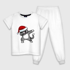 Детская пижама хлопок с принтом DAB Cat Santa в Санкт-Петербурге, 100% хлопок |  брюки и футболка прямого кроя, без карманов, на брюках мягкая резинка на поясе и по низу штанин
 | Тематика изображения на принте: даб | кот | новогодний | рождество | шапка