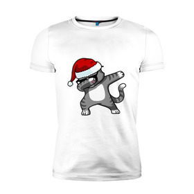Мужская футболка премиум с принтом DAB Cat Santa в Санкт-Петербурге, 92% хлопок, 8% лайкра | приталенный силуэт, круглый вырез ворота, длина до линии бедра, короткий рукав | даб | кот | новогодний | рождество | шапка