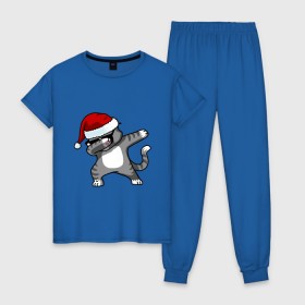 Женская пижама хлопок с принтом DAB Cat Santa в Санкт-Петербурге, 100% хлопок | брюки и футболка прямого кроя, без карманов, на брюках мягкая резинка на поясе и по низу штанин | даб | кот | новогодний | рождество | шапка