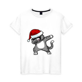 Женская футболка хлопок с принтом DAB Cat Santa в Санкт-Петербурге, 100% хлопок | прямой крой, круглый вырез горловины, длина до линии бедер, слегка спущенное плечо | даб | кот | новогодний | рождество | шапка
