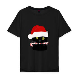 Мужская футболка хлопок Oversize с принтом кот новый год в Санкт-Петербурге, 100% хлопок | свободный крой, круглый ворот, “спинка” длиннее передней части | дед мороз | ёлка | котэ | леденец | новый год | россия