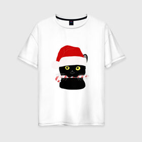 Женская футболка хлопок Oversize с принтом кот новый год в Санкт-Петербурге, 100% хлопок | свободный крой, круглый ворот, спущенный рукав, длина до линии бедер
 | дед мороз | ёлка | котэ | леденец | новый год | россия