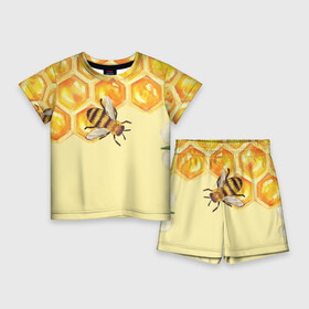 Детский костюм с шортами 3D с принтом Любители меда в Санкт-Петербурге,  |  | крылья | мед | насекомое | полет | природа | пчелы | улей | цветное | яркое