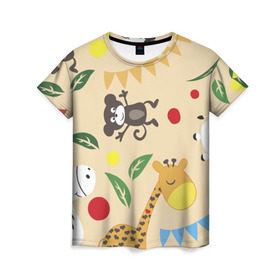 Женская футболка 3D с принтом Веселый зоопарк в Санкт-Петербурге, 100% полиэфир ( синтетическое хлопкоподобное полотно) | прямой крой, круглый вырез горловины, длина до линии бедер | жираф | лошадь | мартышка | пони