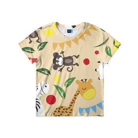 Детская футболка 3D с принтом Веселый зоопарк в Санкт-Петербурге, 100% гипоаллергенный полиэфир | прямой крой, круглый вырез горловины, длина до линии бедер, чуть спущенное плечо, ткань немного тянется | жираф | лошадь | мартышка | пони