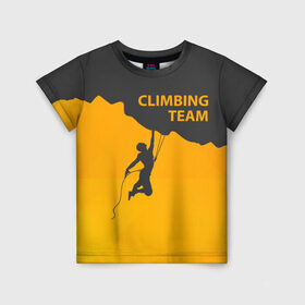 Детская футболка 3D с принтом climbing в Санкт-Петербурге, 100% гипоаллергенный полиэфир | прямой крой, круглый вырез горловины, длина до линии бедер, чуть спущенное плечо, ткань немного тянется | adrenaline | extreme | hiking | mountaineering | mountains | risk | rock climb | rocks | sport | адреналин | альпинизм | высота | горы | риск | скалолазание | скалы | спорт | туризм | экстрим