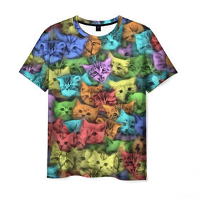 Мужская футболка 3D с принтом Разноцветные коты в Санкт-Петербурге, 100% полиэфир | прямой крой, круглый вырез горловины, длина до линии бедер | котенок | котик | котята | кошка | кошки | паттерн