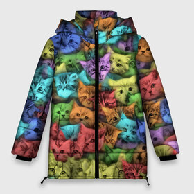 Женская зимняя куртка 3D с принтом Разноцветные коты в Санкт-Петербурге, верх — 100% полиэстер; подкладка — 100% полиэстер; утеплитель — 100% полиэстер | длина ниже бедра, силуэт Оверсайз. Есть воротник-стойка, отстегивающийся капюшон и ветрозащитная планка. 

Боковые карманы с листочкой на кнопках и внутренний карман на молнии | котенок | котик | котята | кошка | кошки | паттерн