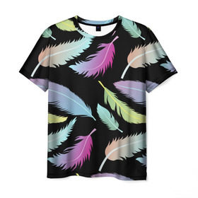Мужская футболка 3D с принтом Радужные перья в Санкт-Петербурге, 100% полиэфир | прямой крой, круглый вырез горловины, длина до линии бедер | арт | белый | мульт | новинки | прикольный | птица | рисунок | сова | филин | черный