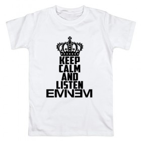 Мужская футболка хлопок с принтом Keep calm and listen Eminem в Санкт-Петербурге, 100% хлопок | прямой крой, круглый вырез горловины, длина до линии бедер, слегка спущенное плечо. | eminem | hip hop | hiphop | mc | rap | брюс | еменем | еминем | маршалл | мс | мэтерс | реп | репер | рэп | рэпер | хип | хипхоп | хоп | эменем | эминем