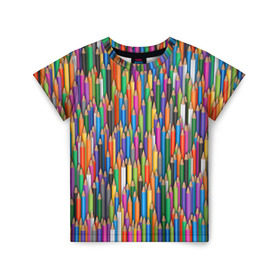 Детская футболка 3D с принтом Разноцветные карандаши в Санкт-Петербурге, 100% гипоаллергенный полиэфир | прямой крой, круглый вырез горловины, длина до линии бедер, чуть спущенное плечо, ткань немного тянется | дизайнер | карандаш | палитра | паттерн | радуга | рисование | рисунок | художник | цвет | цветной | школа