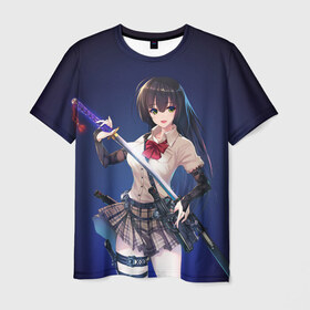 Мужская футболка 3D с принтом Anime girl в Санкт-Петербурге, 100% полиэфир | прямой крой, круглый вырез горловины, длина до линии бедер | anime | girl | japan | katana | samurai | sword | аниме | девушка | катана | меч | оружие | самурай | япония