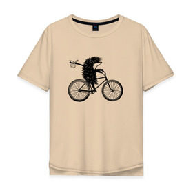 Мужская футболка хлопок Oversize с принтом Ежик на велосипеде в Санкт-Петербурге, 100% хлопок | свободный крой, круглый ворот, “спинка” длиннее передней части | Тематика изображения на принте: велосипед | ежик