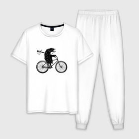 Мужская пижама хлопок с принтом Ежик на велосипеде в Санкт-Петербурге, 100% хлопок | брюки и футболка прямого кроя, без карманов, на брюках мягкая резинка на поясе и по низу штанин
 | Тематика изображения на принте: велосипед | ежик