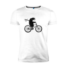 Мужская футболка премиум с принтом Ежик на велосипеде в Санкт-Петербурге, 92% хлопок, 8% лайкра | приталенный силуэт, круглый вырез ворота, длина до линии бедра, короткий рукав | Тематика изображения на принте: велосипед | ежик