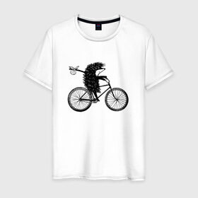 Мужская футболка хлопок с принтом Ежик на велосипеде в Санкт-Петербурге, 100% хлопок | прямой крой, круглый вырез горловины, длина до линии бедер, слегка спущенное плечо. | Тематика изображения на принте: велосипед | ежик