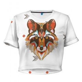 Женская футболка 3D укороченная с принтом Этнический лис в Санкт-Петербурге, 100% полиэстер | круглая горловина, длина футболки до линии талии, рукава с отворотами | дикая | дикий | лес | лис | лиса | луна | ночь | собака | тьма