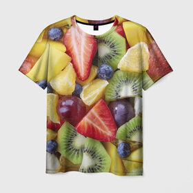Мужская футболка 3D с принтом Фруктовое ассорти в Санкт-Петербурге, 100% полиэфир | прямой крой, круглый вырез горловины, длина до линии бедер | витамины | еда | клубника | лимон | малина | овощи | фрукты | цвета | яблоко | яркие