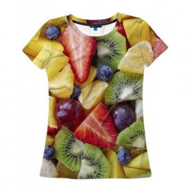 Женская футболка 3D с принтом Фруктовое ассорти в Санкт-Петербурге, 100% полиэфир ( синтетическое хлопкоподобное полотно) | прямой крой, круглый вырез горловины, длина до линии бедер | витамины | еда | клубника | лимон | малина | овощи | фрукты | цвета | яблоко | яркие