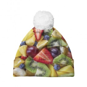 Шапка 3D c помпоном с принтом Фруктовое ассорти в Санкт-Петербурге, 100% полиэстер | универсальный размер, печать по всей поверхности изделия | витамины | еда | клубника | лимон | малина | овощи | фрукты | цвета | яблоко | яркие