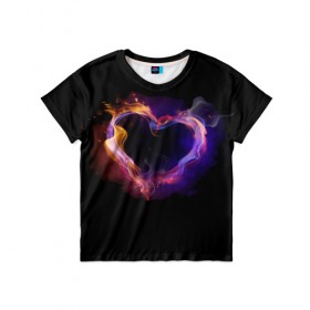 Детская футболка 3D с принтом Огненное сердце в Санкт-Петербурге, 100% гипоаллергенный полиэфир | прямой крой, круглый вырез горловины, длина до линии бедер, чуть спущенное плечо, ткань немного тянется | любовь | огонь | сердце